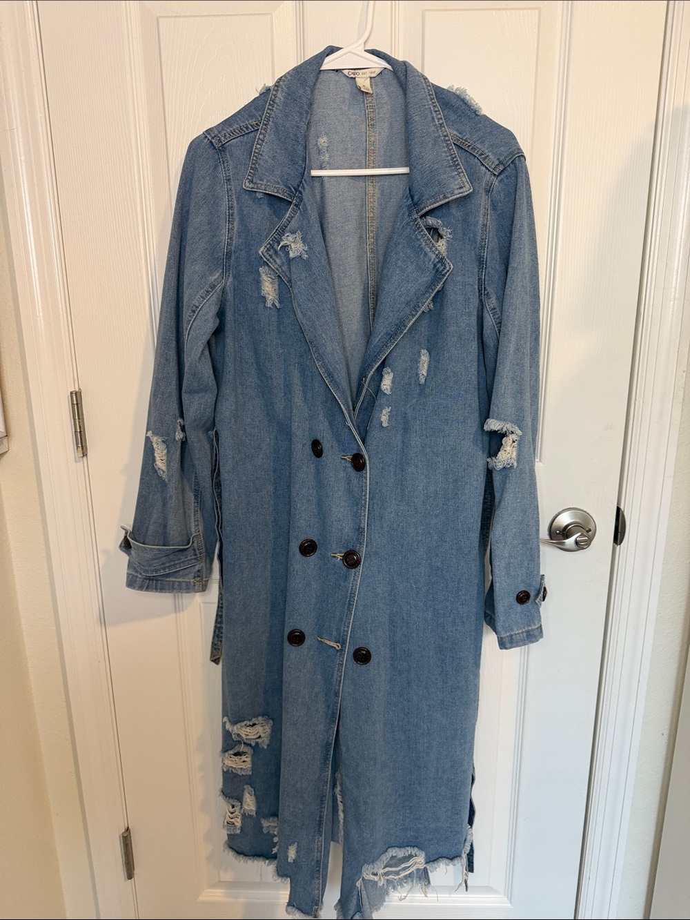 Cato Distressed Denim Trench Coat Long Jean Jacket Size M